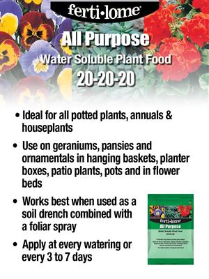 Fertilome All Purpose Water Soluble Plant Food packaging with colorful flowers in the background