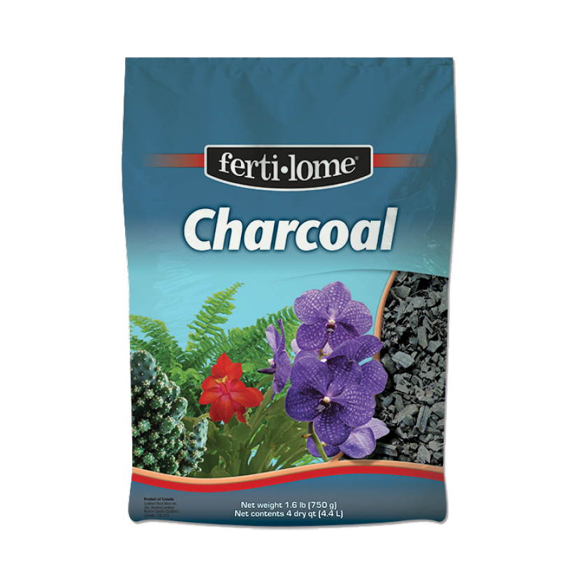 Fertilome Charcoal product packaging with plants and flowers on a blue background
