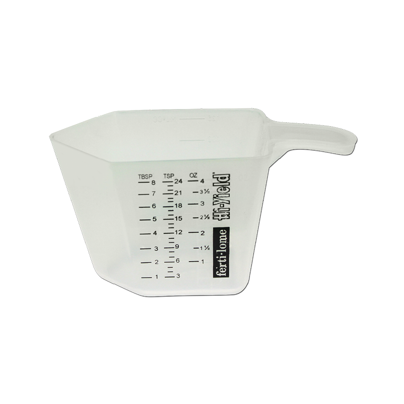 White measuring cup with black measurement markings on a white background