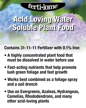 Fertilome Acid Loving Water Soluble Plant Food packaging with product details on a blurred floral background.