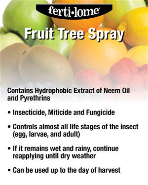 Fertilome Fruit Tree Spray advertisement with fruits in the background