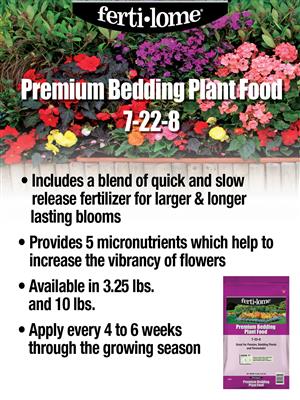Fertilome Premium Bedding Plant Food packaging with flowers in the background