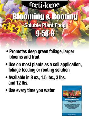 Fertilome Blooming & Rooting Soluble Plant Food packaging with colorful flowers in the background.