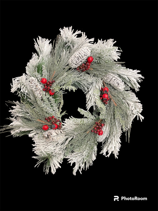 24" Mixed Snow Pine Wreath Ber