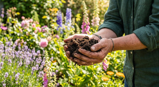A close-up of a gardener's hands holding a scoop of rich, dark soil, with a vibrant, softly blurred background of blooming pink and purple flowers in a sunny garden.