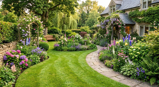 A lush, landscaped garden featuring a curved, manicured grass path leading toward a stone cottage, bordered by vibrant, multicolored blooming flowers, a wooden bench, and a wooden trellis covered in climbing roses.