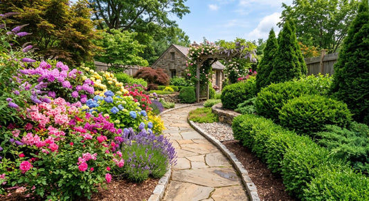 A curving flagstone garden pathway dividing a lush landscape, featuring vibrant pink, blue, and purple flowering shrubs