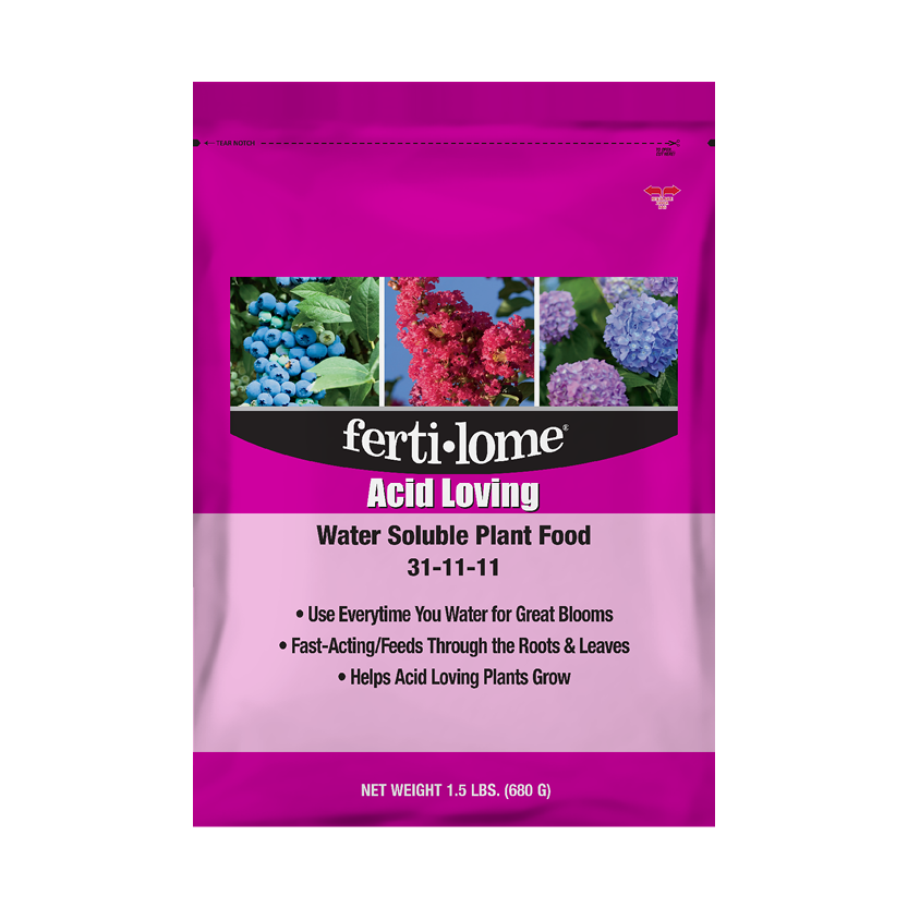 Fertilome Acid Loving plant food package with images of flowers on a white background