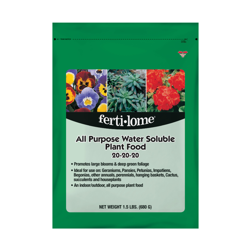 Fertilome All Purpose Water Soluble Plant Food packaging with images of flowers on a green background