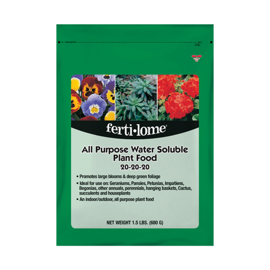 Fertilome All Purpose Water Soluble Plant Food packaging with images of flowers on a green background