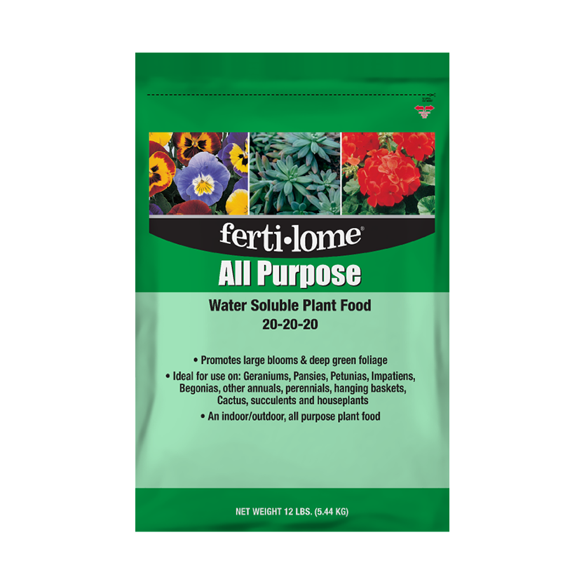 Fertilome All Purpose Water Soluble Plant Food packaging with images of flowers on a white background