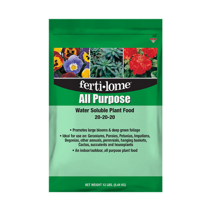 Fertilome All Purpose Water Soluble Plant Food packaging with images of flowers on a white background