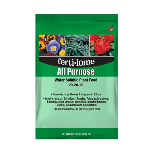 Fertilome All Purpose Water Soluble Plant Food packaging with images of flowers on a white background