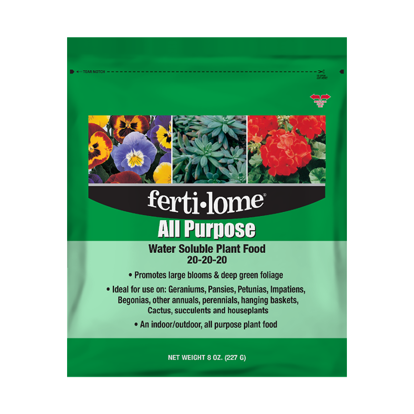 Fertilome All Purpose plant food packet with images of flowers and plants on a green background