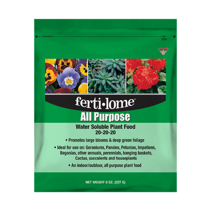 Fertilome All Purpose plant food packet with images of flowers and plants on a green background