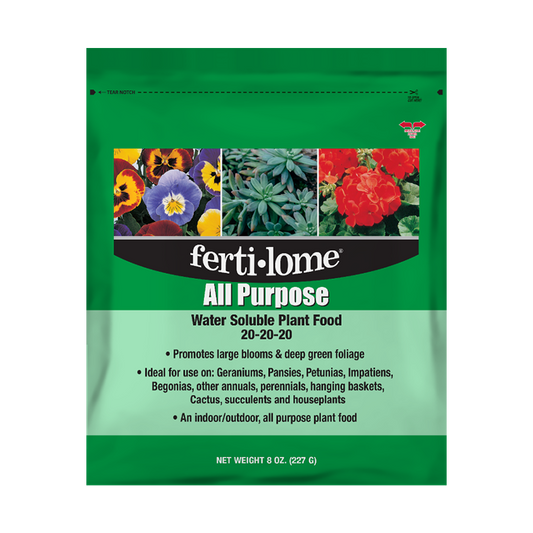 Fertilome All Purpose plant food packet with images of flowers and plants on a green background