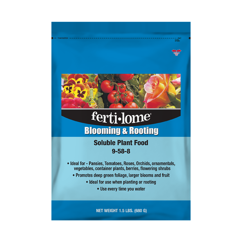 Fertilome Blooming & Rooting Soluble Plant Food packaging with images of flowers and tomatoes on a blue background.