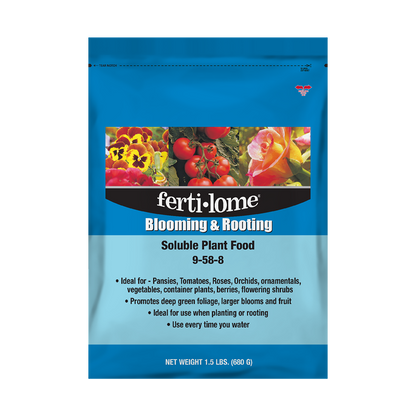 Fertilome Blooming & Rooting Soluble Plant Food packaging with images of flowers and tomatoes on a blue background.