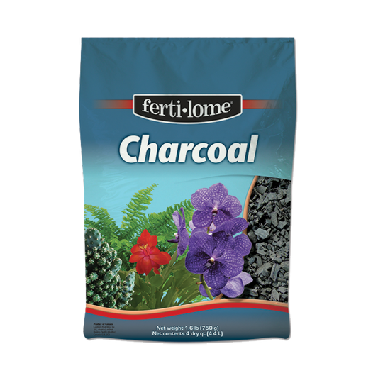 Fertilome Charcoal product packaging with plants and flowers on a blue background
