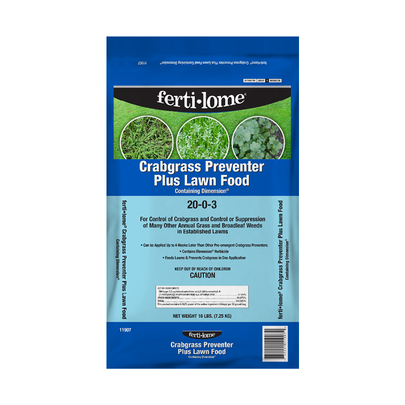 Fertilome Crabgrass Preventer Plus Lawn Food package on a white background