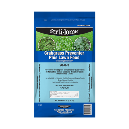Fertilome Crabgrass Preventer Plus Lawn Food package on a white background