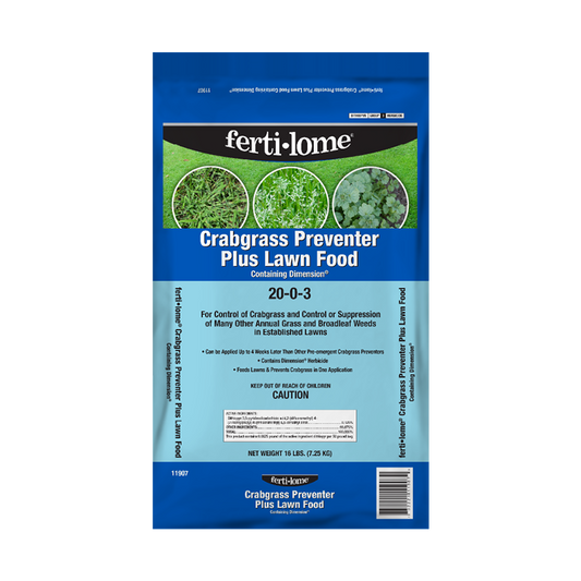 Fertilome Crabgrass Preventer Plus Lawn Food package on a white background