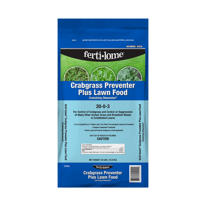 Fertilome Crabgrass Preventer Plus Lawn Food package on a white background