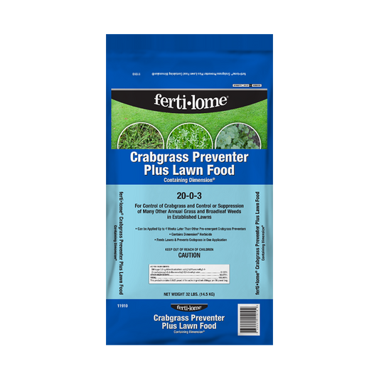 Fertilome Crabgrass Preventer Plus Lawn Food package on a white background