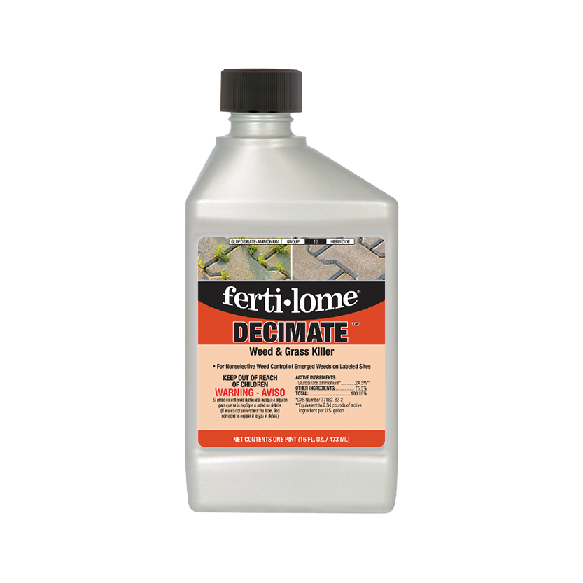 Fertilome Decimate weed and grass killer bottle on a white background