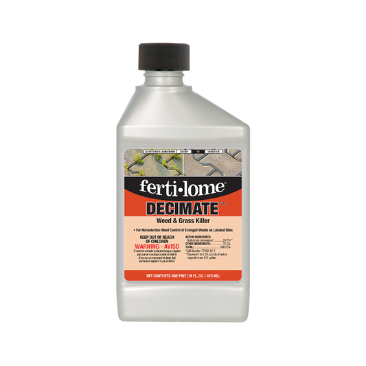 Fertilome Decimate weed and grass killer bottle on a white background