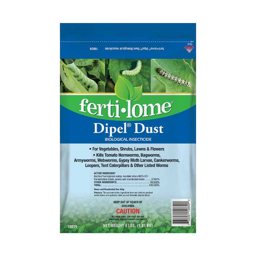 Ferti-Lome Dipel Dust packaging with images of plants and insects on a white background
