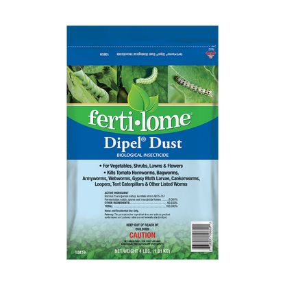 Ferti-Lome Dipel Dust packaging with images of plants and insects on a white background