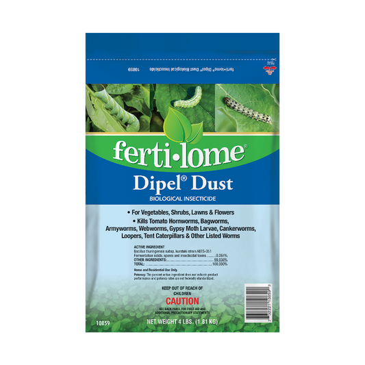 Ferti-Lome Dipel Dust packaging with images of plants and insects on a white background