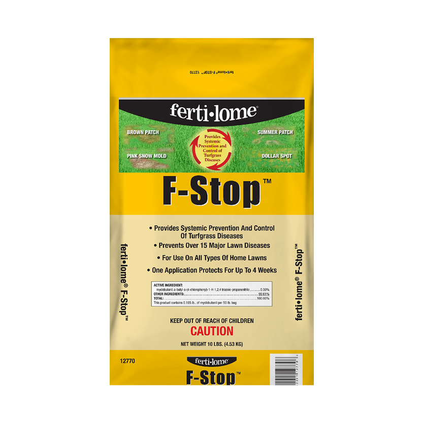 Fertilome F-Stop lawn treatment package on a white background