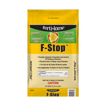 Fertilome F-Stop lawn treatment package on a white background