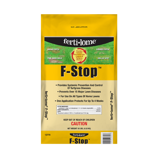 Fertilome F-Stop lawn treatment package on a white background