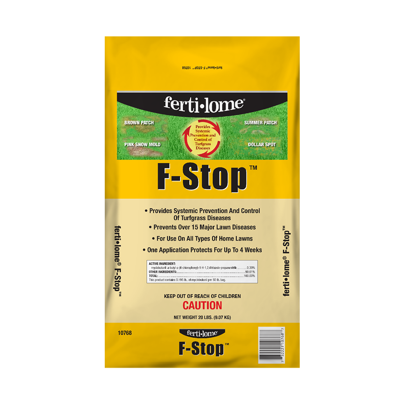 Fertilome F-Stop lawn treatment package on a white background