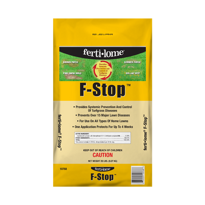 Fertilome F-Stop lawn treatment package on a white background
