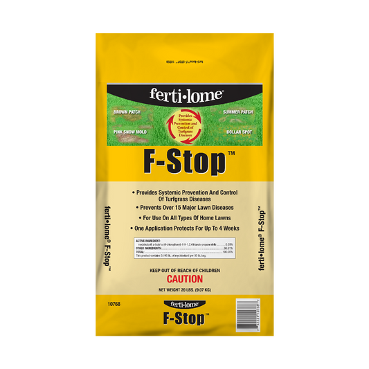 Fertilome F-Stop lawn treatment package on a white background