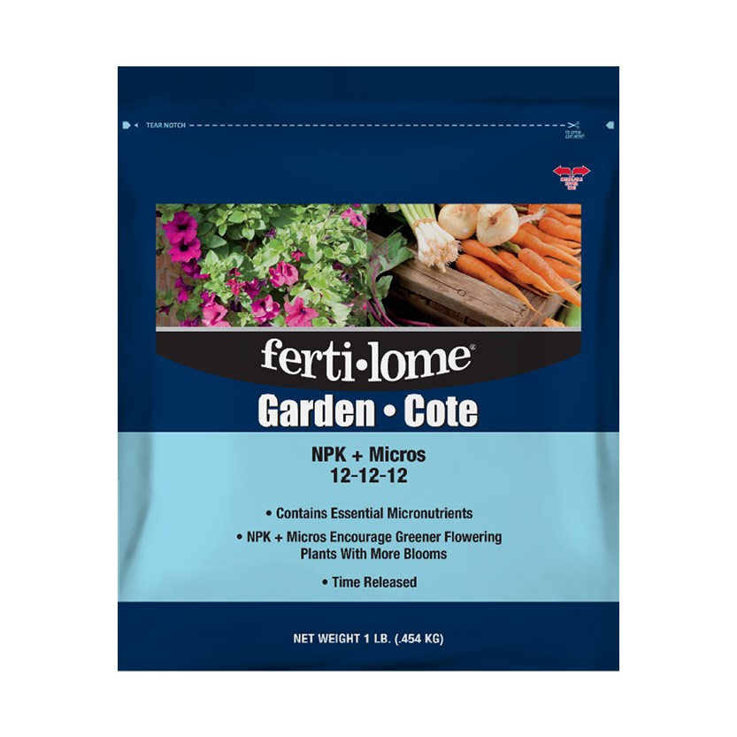 Fertilome Garden Cote packaging with images of vegetables and flowers on a blue background