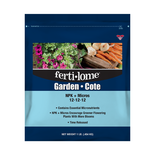 Fertilome Garden Cote packaging with images of vegetables and flowers on a blue background