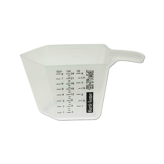 White measuring cup with black measurement markings on a white background