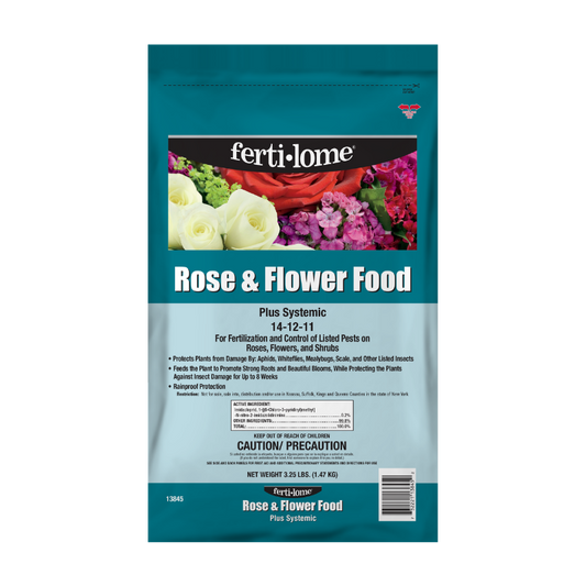 Fertilome Rose & Flower Food packaging on a white background