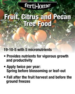 Fertilome fruit, citrus, and pecan tree food packaging with oranges on a tree.