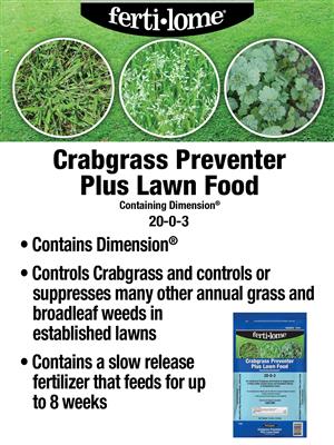 Fertilome Crabgrass Preventer Plus Lawn Food packaging with product details on a green background