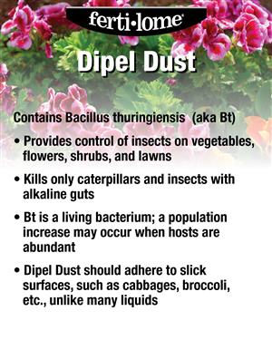 Fertilome Dipel Dust product description with text and pink flowers in the background