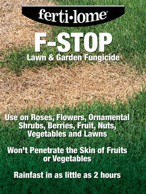 Fertilome F-Stop Lawn and Garden Fungicide packaging with grass background