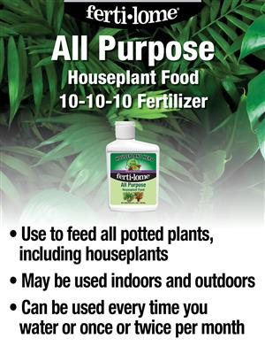 Fertilome All Purpose Houseplant Food bottle with packaging details on a green leafy background