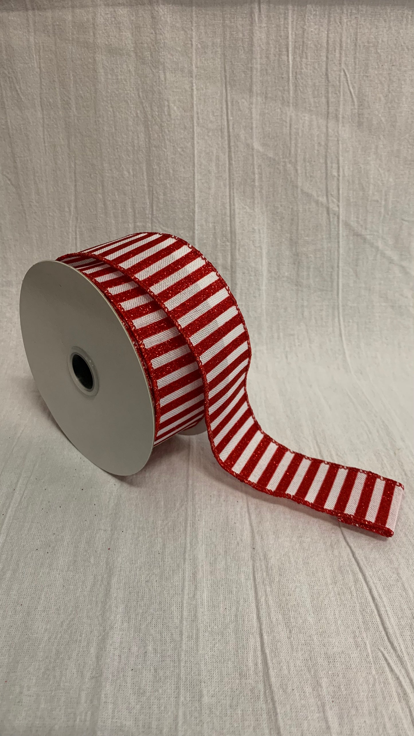 Striped Ribbon, Wht/Rd Glitter