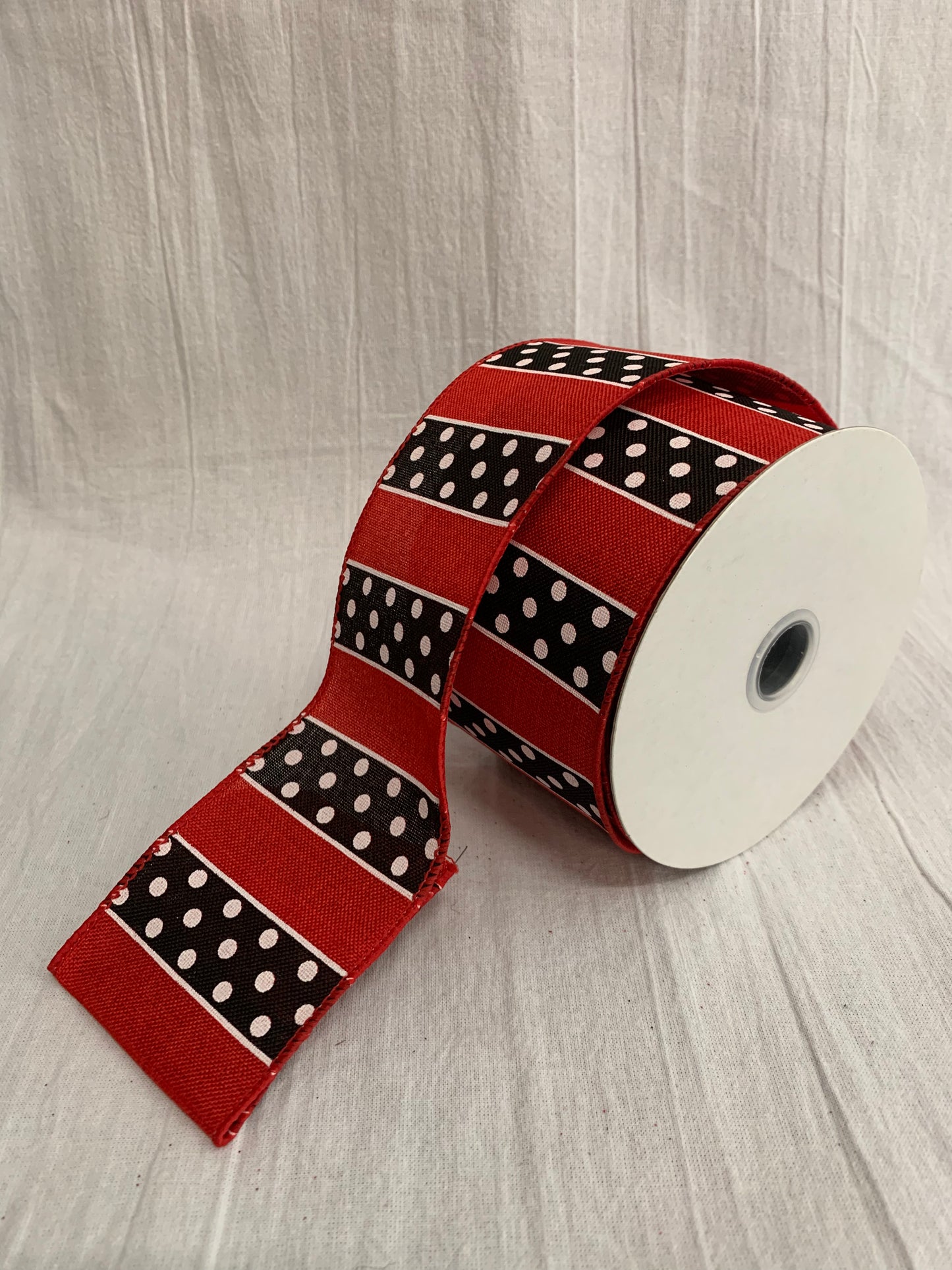 Stripe Ribbon, Red Blk/Wht dot